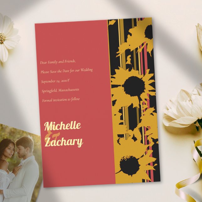 Modern Sunflower Sunset Coral Gold Wedding Save The Date (Von Creator hochgeladen)