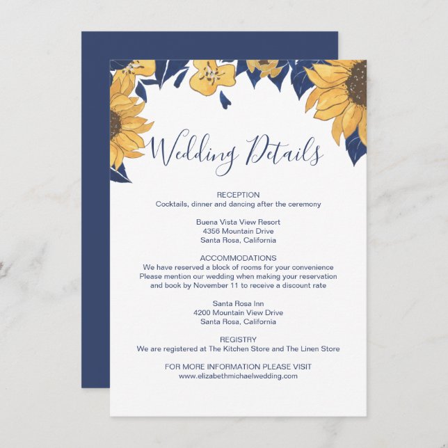 Modern Sunflower Watercolor Blue Wedding Details Begleitkarte (Vorne/Hinten)