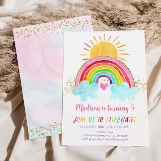 Modern Sunshine Rainbow Pink Gold Geburtstag Einladung