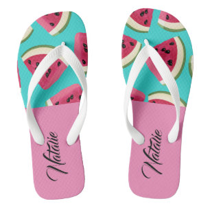 Modern süßes Monogramm l Wassermelone Sommer blau  Flip Flops