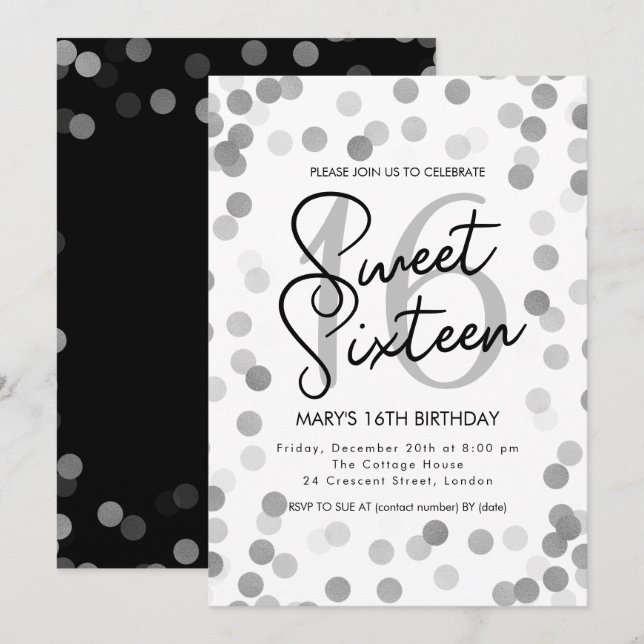 MODERN Sweet 16 Birthday Silver Chic Glitzer Einladung (Vorne/Hinten)