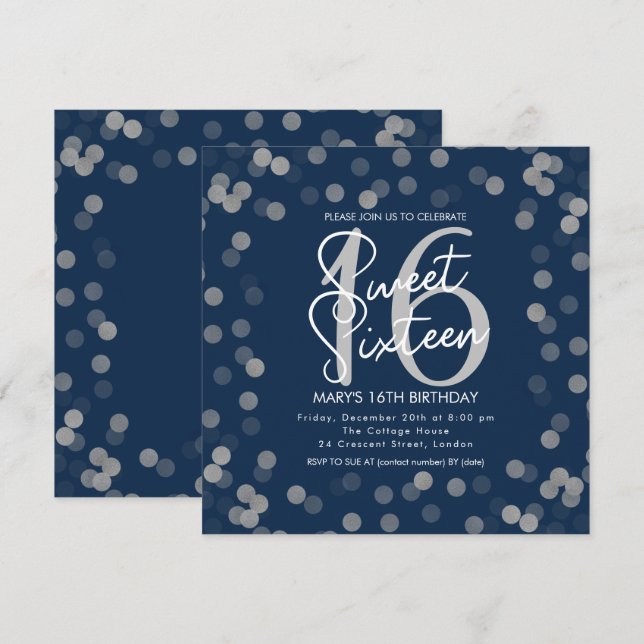 MODERN Sweet 16 Birthday Silver Chic Glitzer Navy Einladung (Vorne/Hinten)