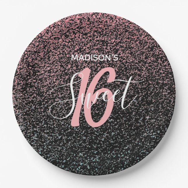 Modern Sweet 16 Black Blush Pink Speck Name  Pappteller (Vorderseite)