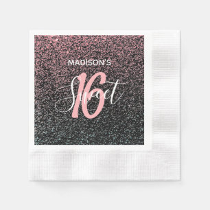 Modern Sweet 16 Black Blush Pink Speck Name Serviette