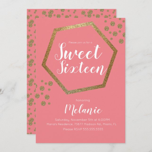 Modern Sweet 16 Glitzer Imitate Gold Geometric Bar Einladung (Vorne/Hinten)