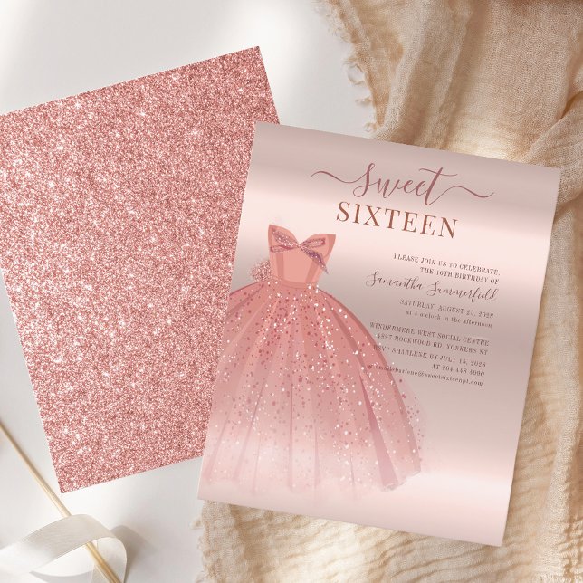 Modern Sweet 16 Glitzer Script Rose Gold Geburtsta (Sweet 16 Rose Gold Dress Script Birthday Party Invitation)