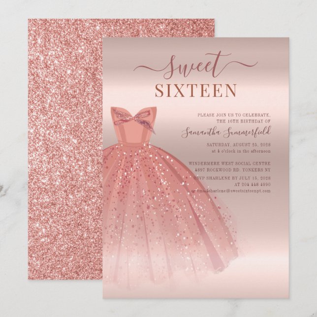 Modern Sweet 16 Glitzer Script Rose Gold Geburtsta Einladung (Vorne/Hinten)