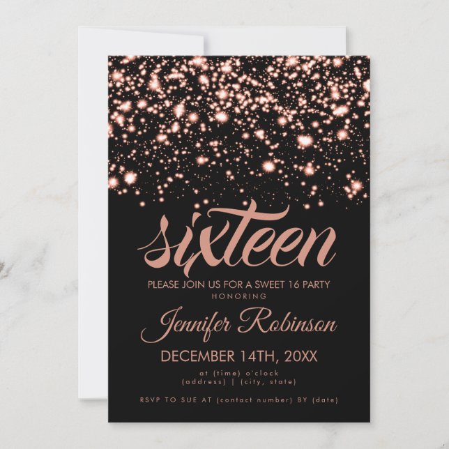 Modern Sweet 16 Rose Gold Midnight Glam Einladung (Vorderseite)