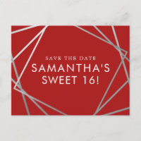 Modern Sweet 16 Save the Date rot und silber