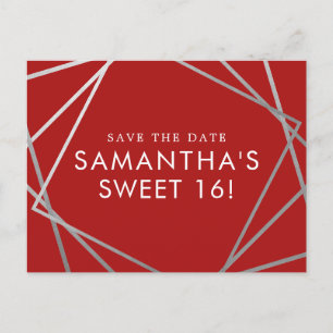 Modern Sweet 16 Save the Date rot und silber Ankündigungspostkarte