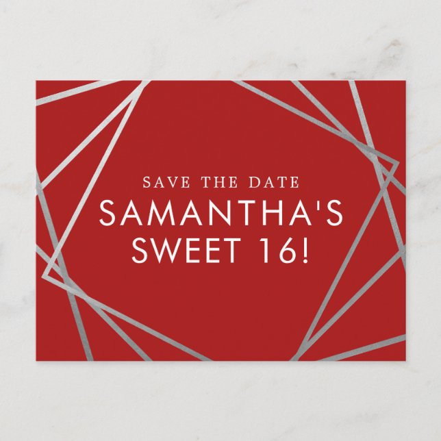 Modern Sweet 16 Save the Date rot und silber Ankündigungspostkarte (Vorderseite)