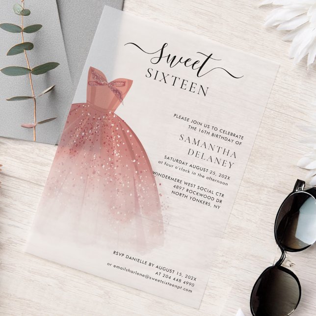 Modern Sweet 16 Script Geburtstagsparty (Elegant Rose Gold Dress Sweet 16 Birthday Party Invitation)