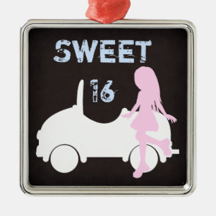 Modern Sweet 16 Silhouette Girl and Car Weihnachte Silbernes Ornament