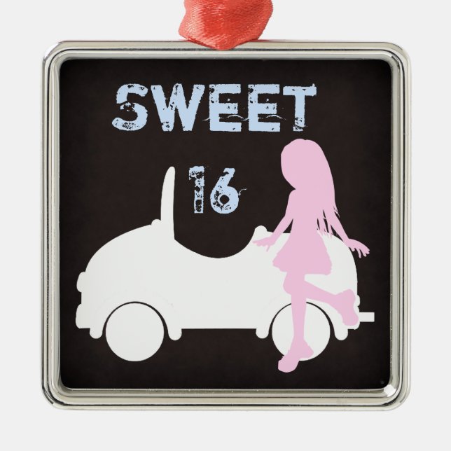 Modern Sweet 16 Silhouette Girl and Car Weihnachte Silbernes Ornament (Vorne)