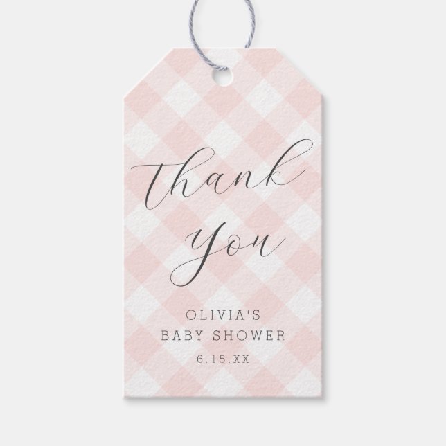 Modern + Sweet Light Pink Gingham Baby Dusche Geschenkanhänger (Vorderseite)