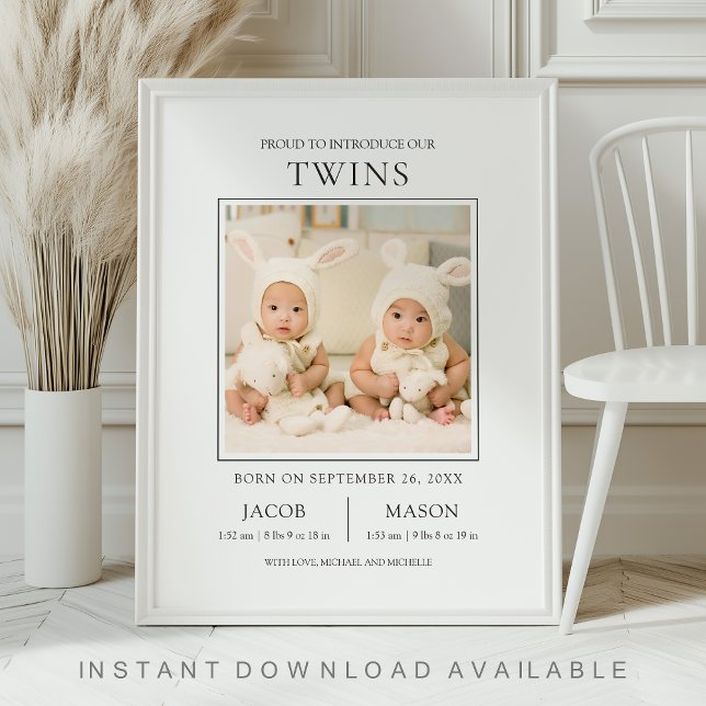 Modern Sweet Twins Photo Birth Announcement Poster (Von Creator hochgeladen)