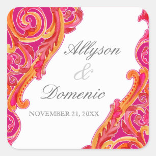 Modern Swirl Geblüht Herz Mandarine Heiß Rosa Quadratischer Aufkleber