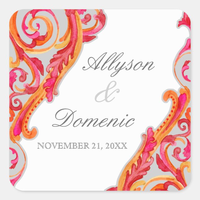 Modern Swirl Geblüht Herz Mandarine Heiß Rosa Quadratischer Aufkleber (Vorderseite)