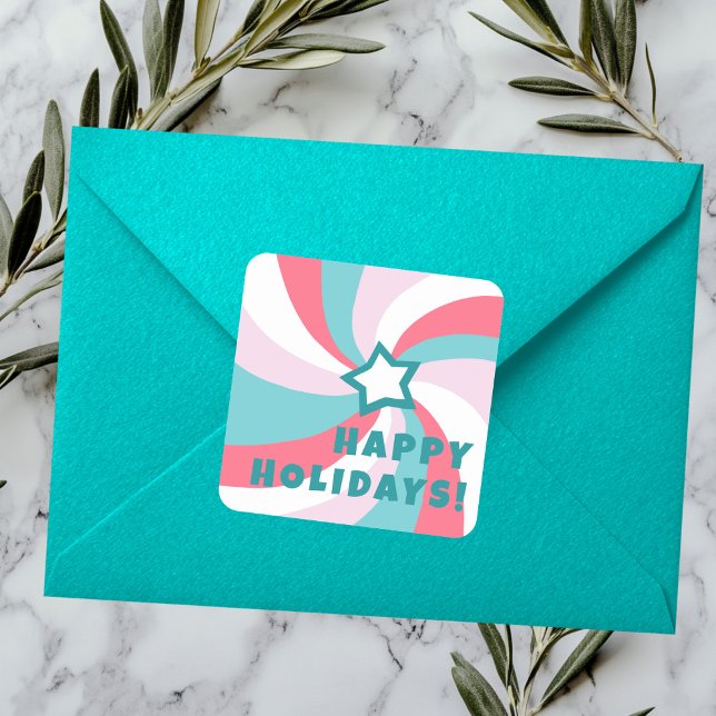 Modern Swirl HAPPY HOLIDAYS CUSTOM Green Pink Quadratischer Aufkleber (Modern Swirl HAPPY HOLIDAYS CUSTOM Green Pink Square Sticker
)