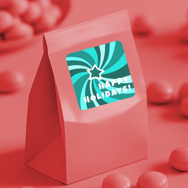 Modern Swirl HAPPY HOLIDAYS CUSTOM Green Quadratischer Aufkleber (Modern Swirl HAPPY HOLIDAYS CUSTOM Green Teal Christmas Square Sticker
)