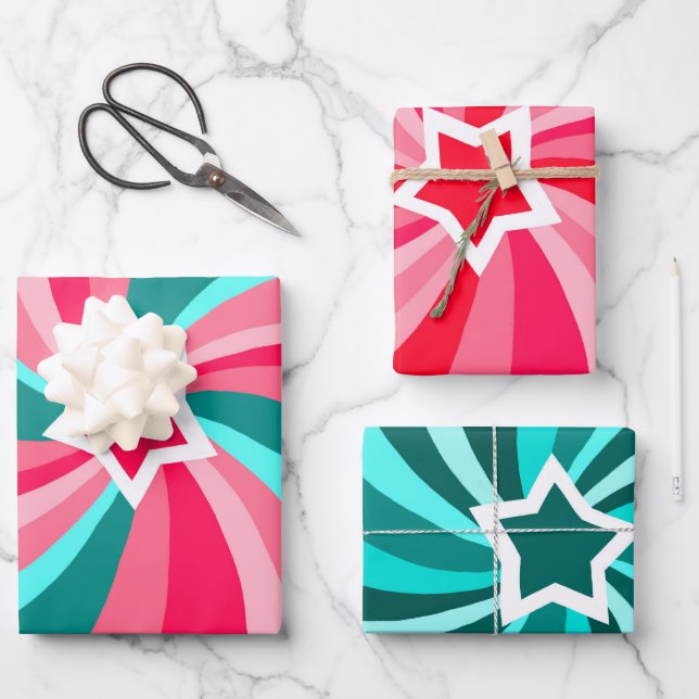 Modern Swirl Star Green Pink Set of  Geschenkpapier Set (Vorderseite)
