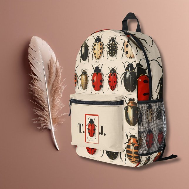 Modern Tan Custom Monogram Beetle Bug Muster Bedruckter Rucksack (Von Creator hochgeladen)