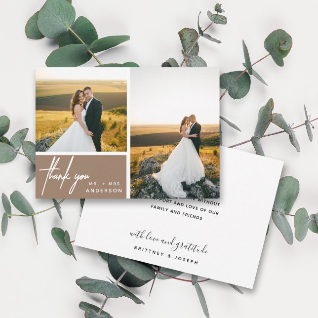 Modern Tan Foto Collage Vielen Dank (Two photo hand lettered thank you wedding card with a minimalistic design perfect for any couple.)