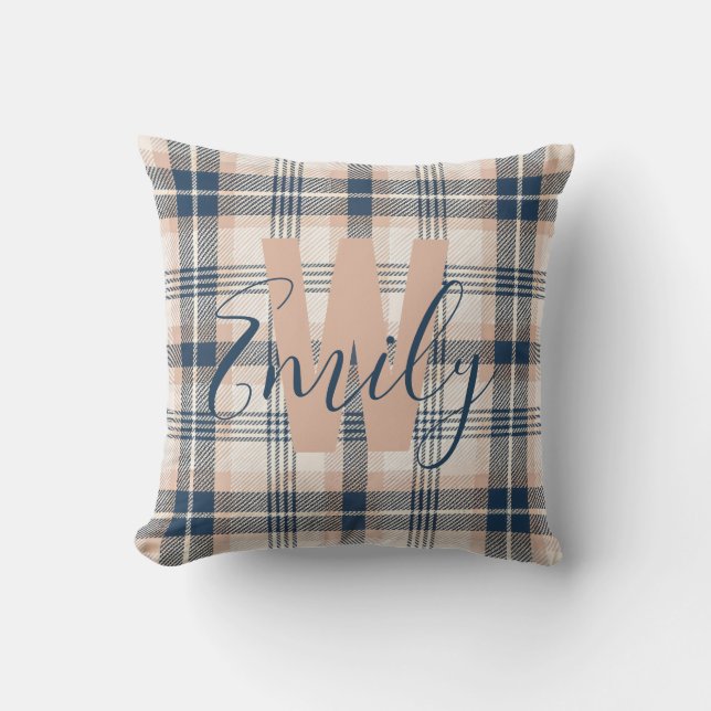 Modern Tartan Blue Creme Monogram Kissen (Vorderseite)