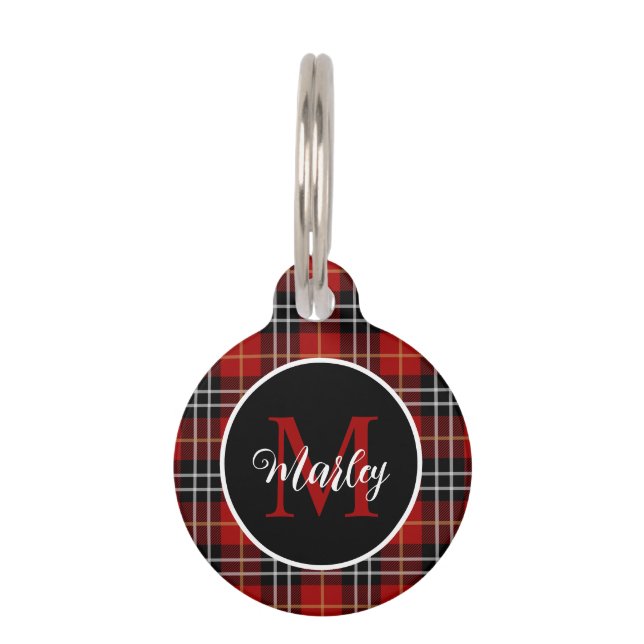 Modern Tartan Kariert Monogram Name Personalisiert Haustiermarke (Vorderseite)