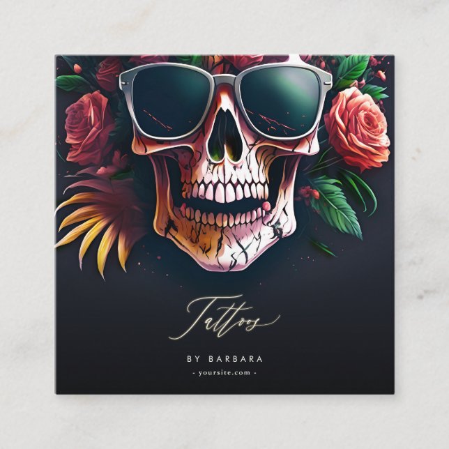 Modern Tattoo Artist Skull Rose Sonnenbrille Quadratische Visitenkarte (Vorderseite)