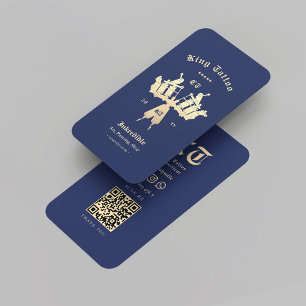 Modern Tattoo Artist Tattoo Shop Gold Blue QR Visitenkarte