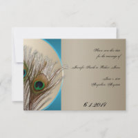 Modern Taupe Aqua Peacock Feather Save the Date