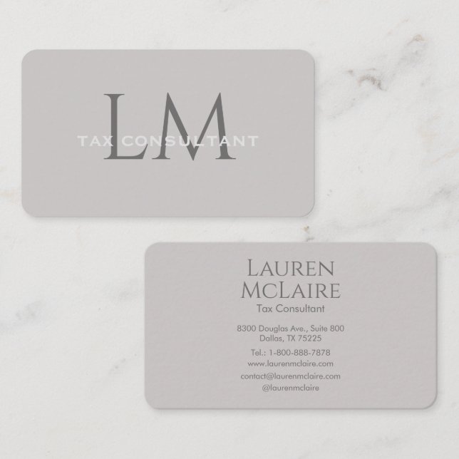 Modern Taupe Gray Monogram Business Card Visitenkarte (Vorne/Hinten)