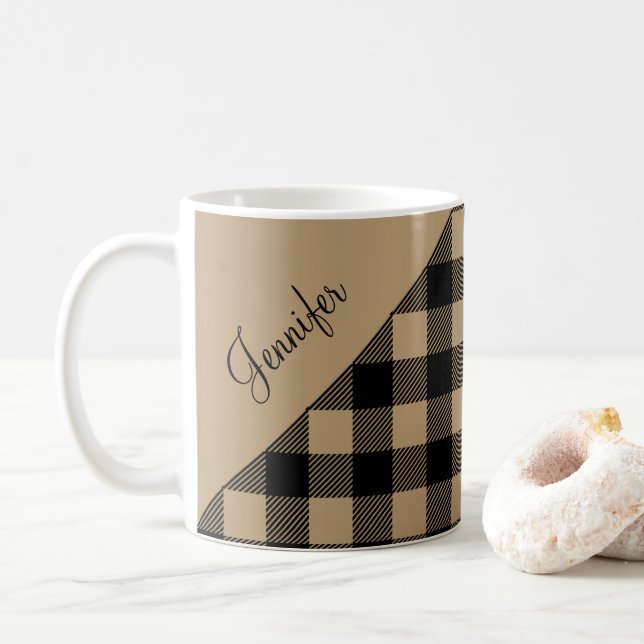 Modern Taupe Kariert Karo Muster Name Kaffeetasse (Mit Donut)