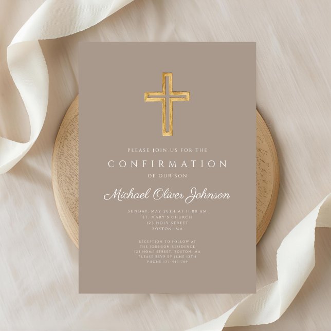 Modern Taupe Religious Cross Boy Confirmation Einladung (Modern Taupe Religious Cross Boy Confirmation Invitation)