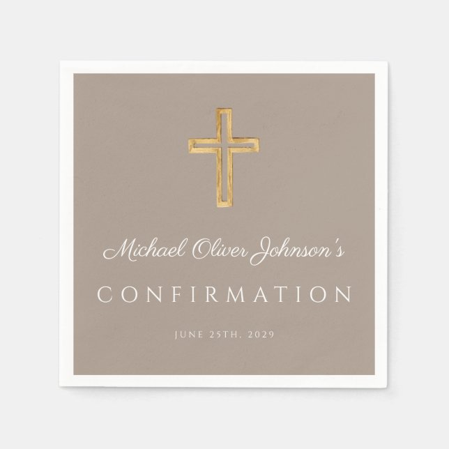 Modern Taupe Religious Cross Boy Confirmation Serviette (Vorderseite)