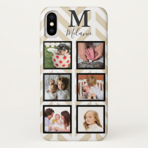 Modern Taupe White Herringbone 6 Foto und Monogram iPhone X Hülle