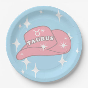 Modern Taurus Zodiac Cowgirl Hat Blue Party Pappteller