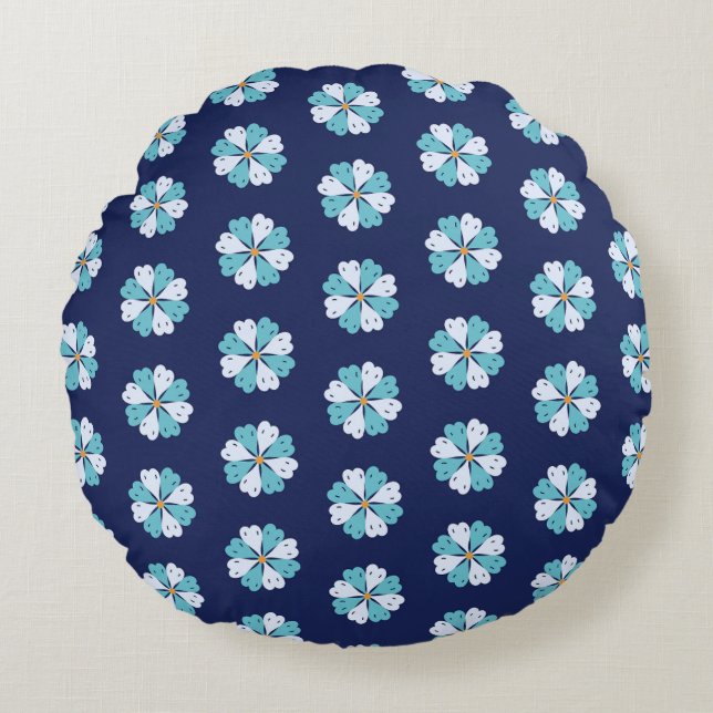 Modern Teal And Blue Floral Motif Rundes Kissen (Vorderseite)