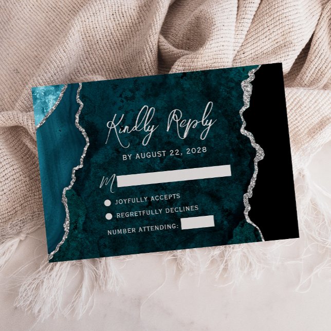 Modern Teal Blue Agate Silver Script Wedding RSVP Karte (Von Creator hochgeladen)