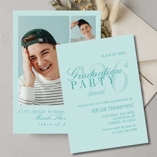 Modern Teal Blue Photo Graduation Party Einladung (Modern Teal Blue Photo Graduation Party Invitation)