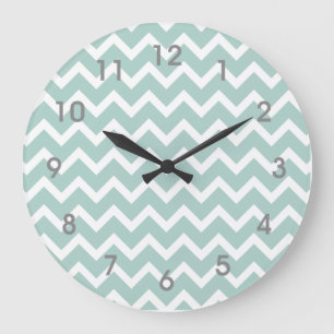 Modern Teal Blue White Chevron Clock gray numbers Große Wanduhr