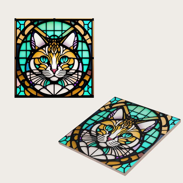 Modern Teal Cat Stained Glass Illustration Fliese (Von Creator hochgeladen)