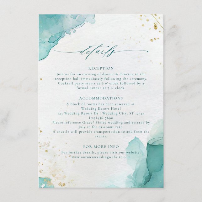 Modern Teal Gold Abstract Beach Wedding Details Begleitkarte (Vorderseite)