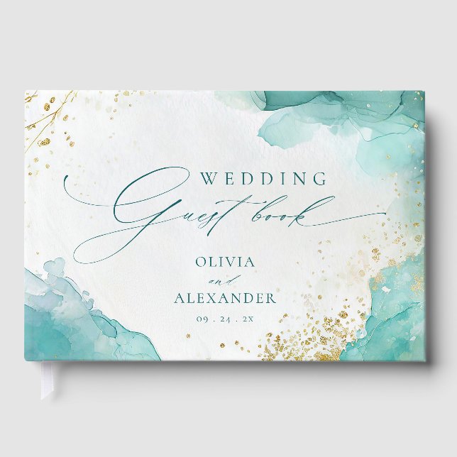Modern Teal Gold Abstract Beach Wedding Gästebuch (Vorderseite)