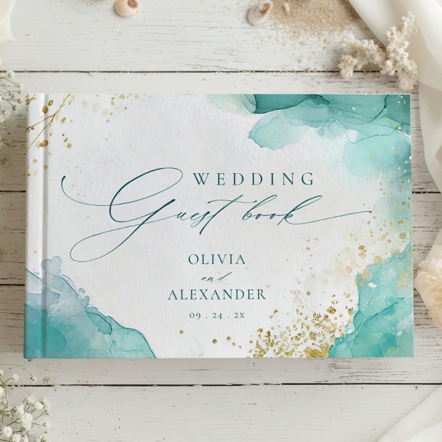 Modern Teal Gold Abstract Beach Wedding Gästebuch (Von Creator hochgeladen)