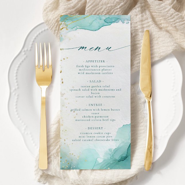 Modern Teal Gold Abstract Beach Wedding Menükarte (Von Creator hochgeladen)