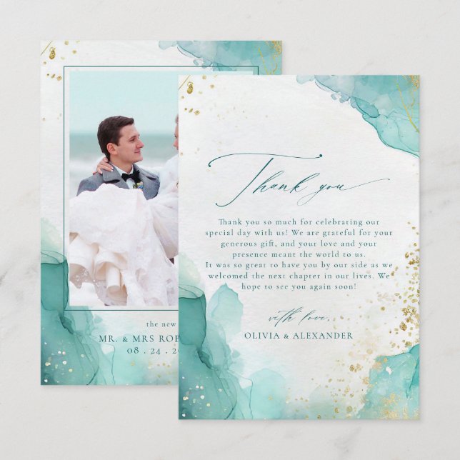 Modern Teal Gold Abstract Beach Wedding Photo Dankeskarte (Vorne/Hinten)