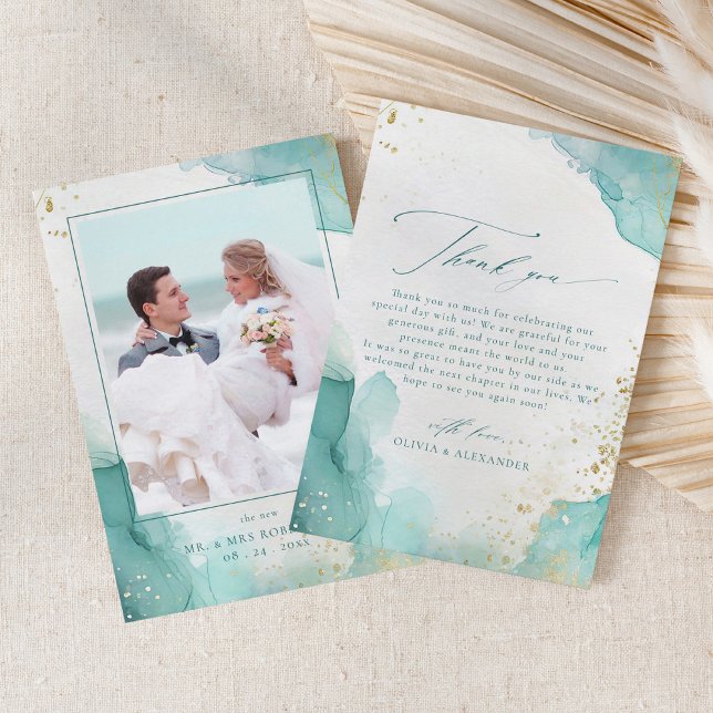 Modern Teal Gold Abstract Beach Wedding Photo Dankeskarte (Von Creator hochgeladen)