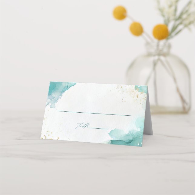 Modern Teal Gold Abstract Beach Wedding Platzkarte (Vorderseite)